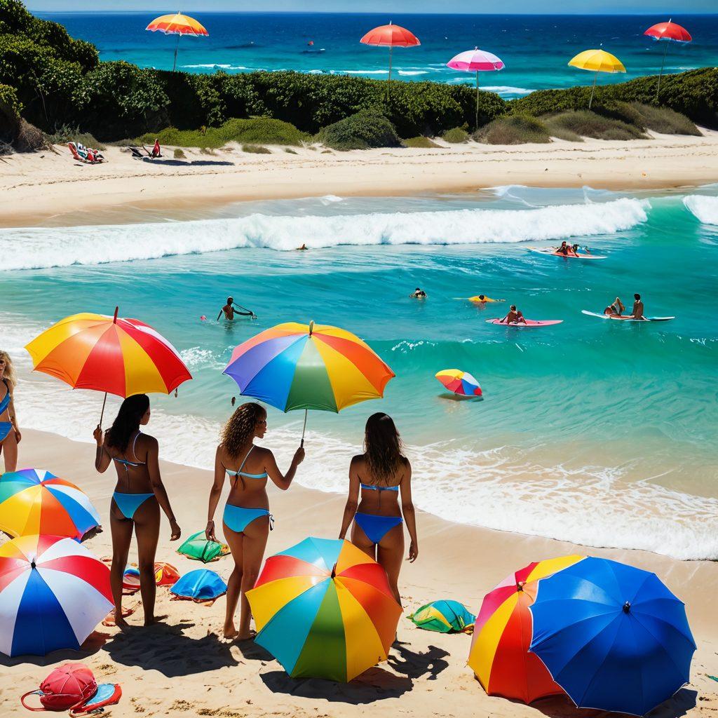 A bold and vibrant beach scene featuring a diverse group of individuals confidently wearing unique, provocative swimwear that stands out in color and design. Include beach props like colorful umbrellas, surfboards, and beach balls that add to the lively atmosphere. The background should show a stunning ocean view under a bright sunny sky, inviting creativity and self-expression. super-realistic. vibrant colors. minimalistic background.