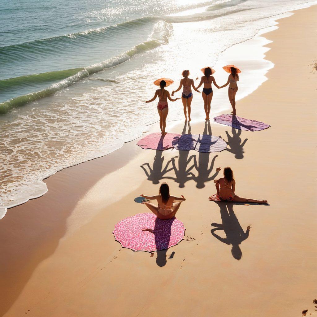 A serene beach scene featuring diverse women in lightweight, flowing beachwear, joyfully embracing their feminine side as they engage in various activities like beach yoga, sunbathing, and playing in the waves. Bright sun, soft sands, and vibrant umbrellas create a warm, inviting atmosphere that reflects comfort and style. Add subtle floral elements and a relaxing ocean backdrop. vibrant colors. super-realistic. bright sunlight.
